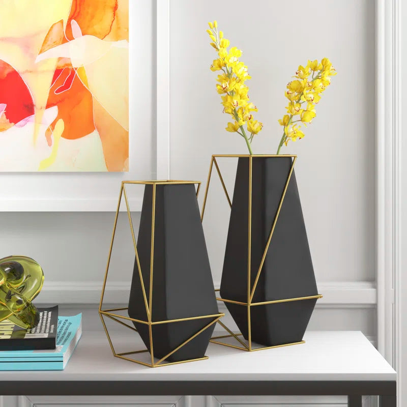 2 Piece Santino Black/Gold 11.05 Metal Table Vase Set