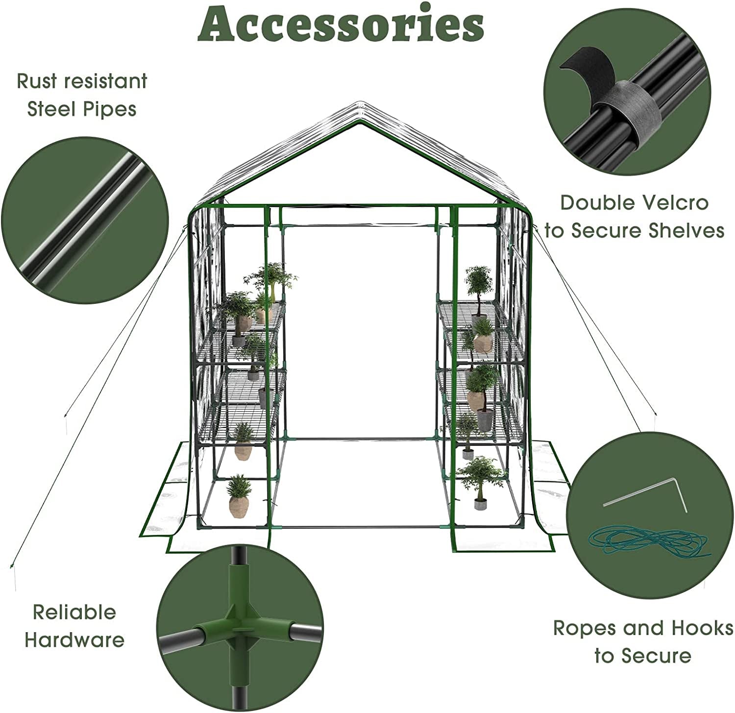 Greenhouse, Portable Green House Indoor and Outdoor, Mini Greenhouse Kit with Anchors and Ropes, 3 Tiers Pop up Greenhouse with 8 Shelves, L56.29''Xw56.29''Xh76.77''