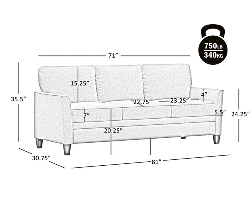 Auden 81" 3 Seat Classic Modern Sofa, Gray