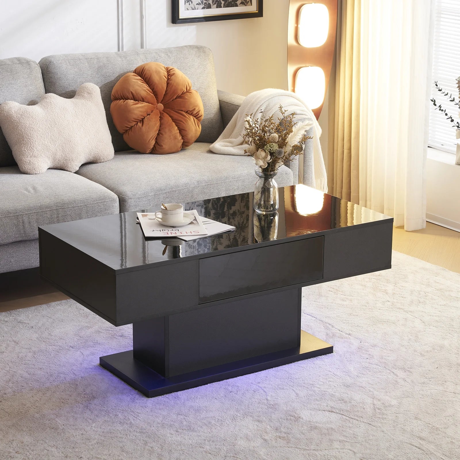 LED Coffee Table with Storage Shelf and 2 Drawers, High Gloss Cocktail Table Accent Furniture for Living Room 43.3" Black