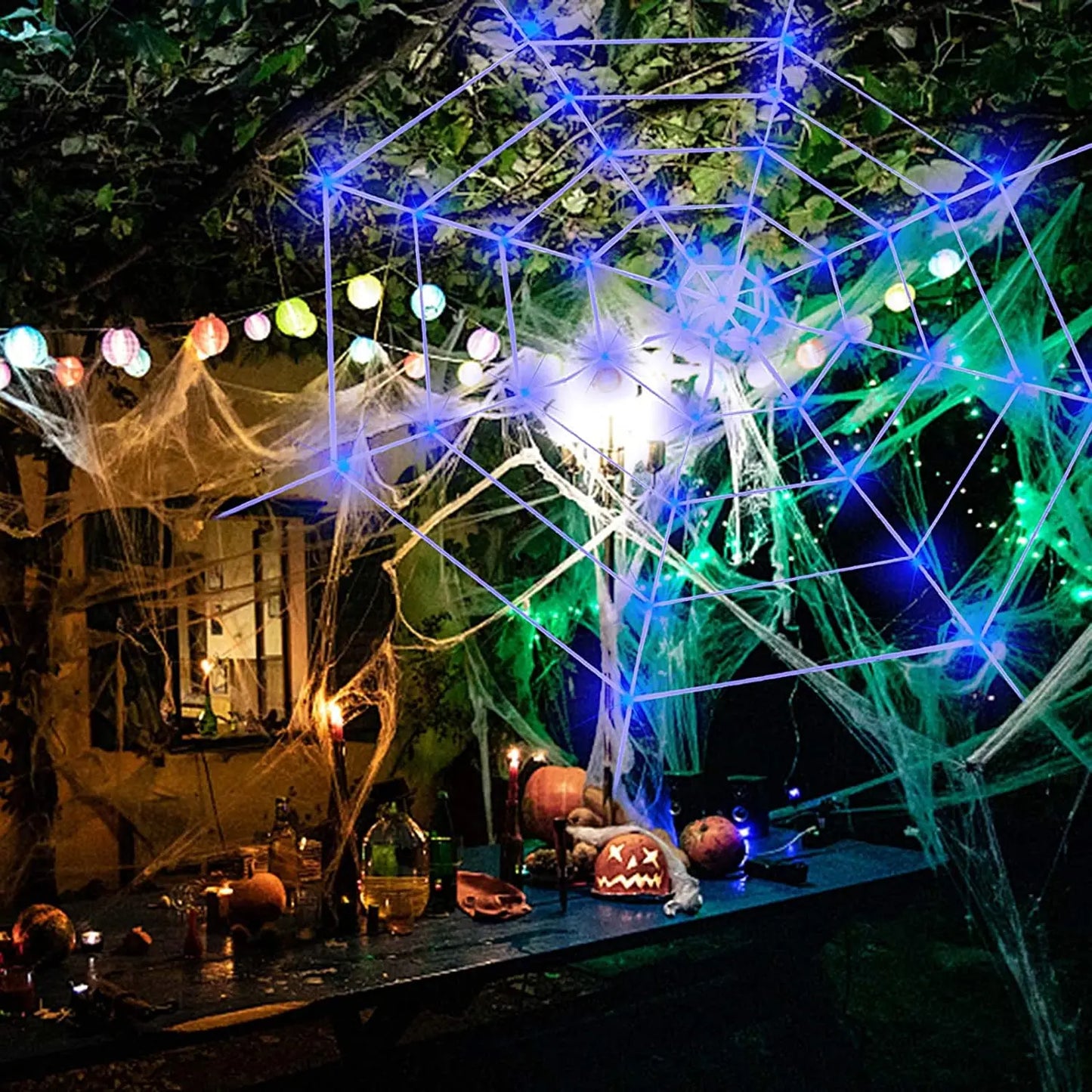 Scary Giant Spider Web Lights with 120 LED Purple Lights Halloween Outdoor Decoration Indoor Outdoor Party Haunted House Decor